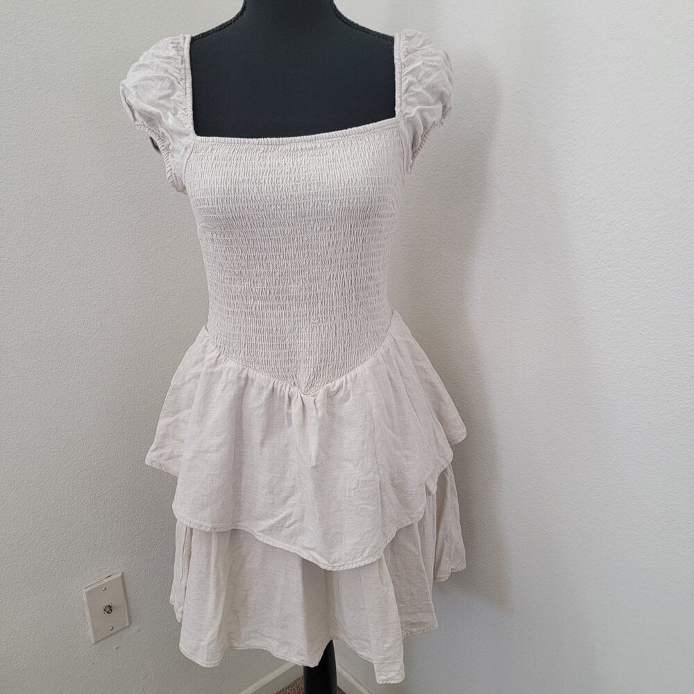 H&M Smocked Linen Cotton Short Mini Dress Sz Medium Minimalist Tiered Gray Beige